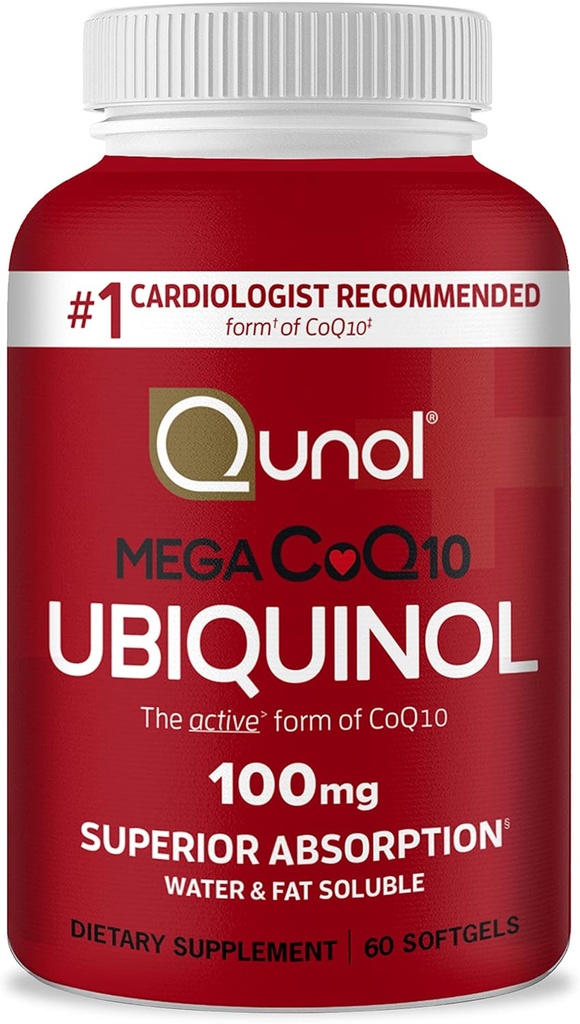 Qunol Ubiquinol CoQ10 100mg Softgels, Mega Ubiquinol 100mg - Absorción superior - Forma activa de Coenzyme Q10 para los niveles de presión arterial saludable - 2 mes fuente - 60 conde