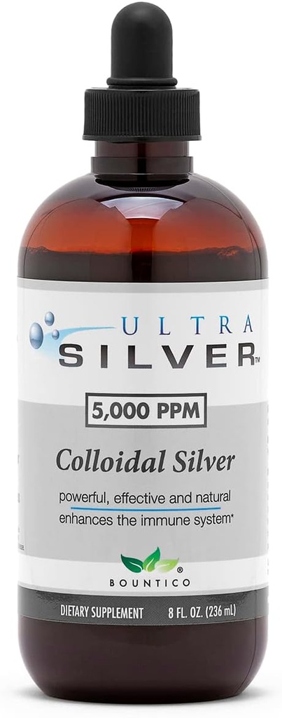 Ultra Silver® Colloidal Silver TENIDO 5,000 PPM, 8 Oz (236mL) TENIDO Se envía como (2) 4 botellas de vidrio onza TENIDO Suplemento mineral TEN True Colloidal Silver - con gotero