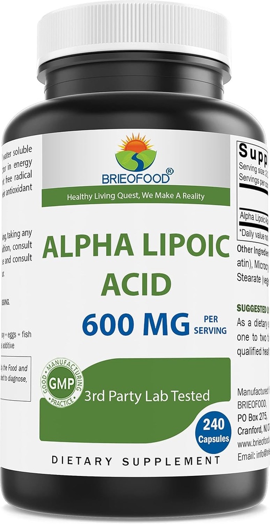 Brieofood Alpha Lipoic Acid 600mg por Serving - 240 Capsules - Non-GMO, Gluten Free