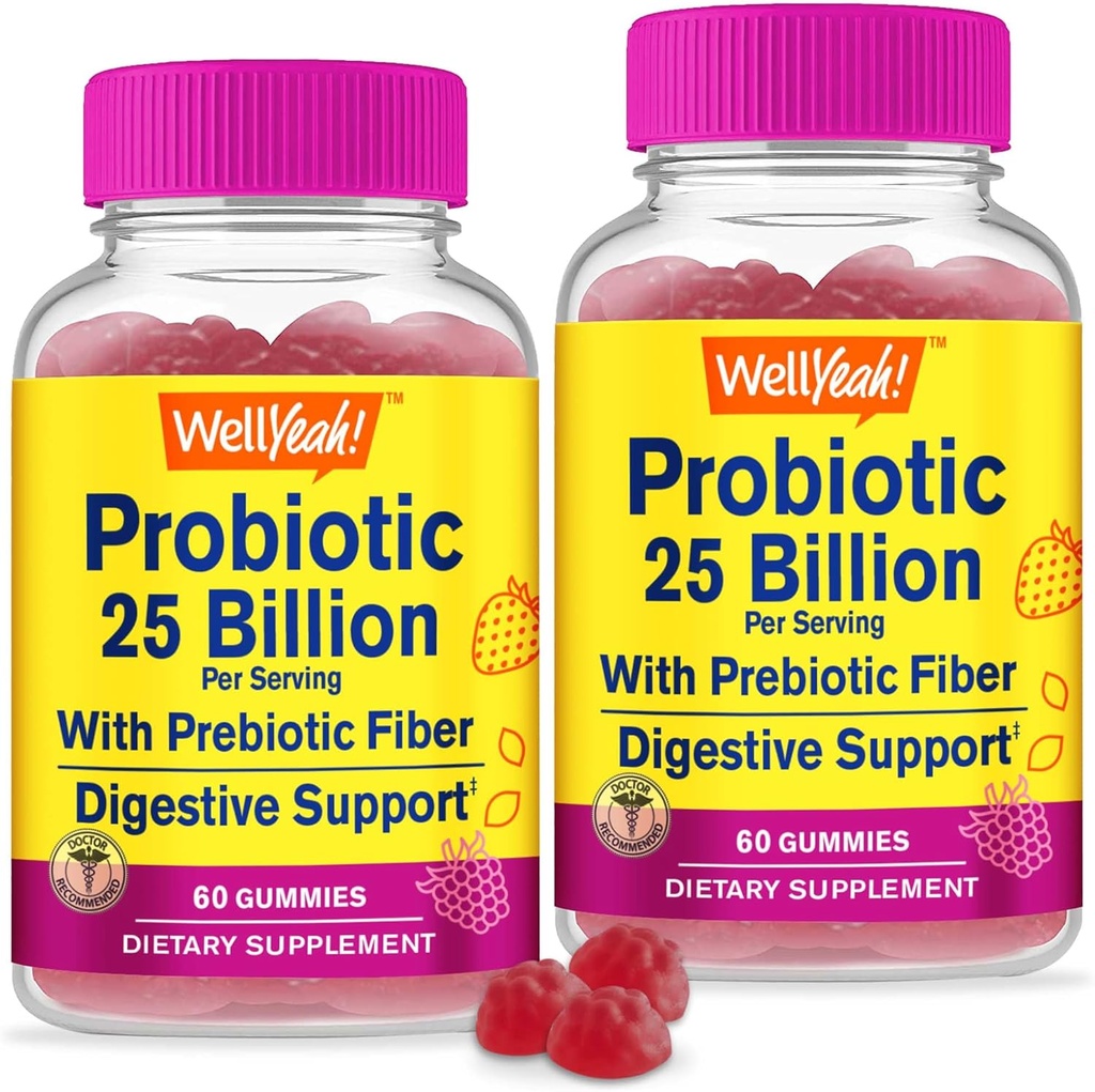 WellSí (2 Pack 25 Billones Probióticos + Prebióticos para Hombres y Mujeres Gummies - Apoyo Digestivo, Gut Health, Immune Support Gummy - Probióticos para la Salud Digestiva con 12 Estrenos - 60 Gummies