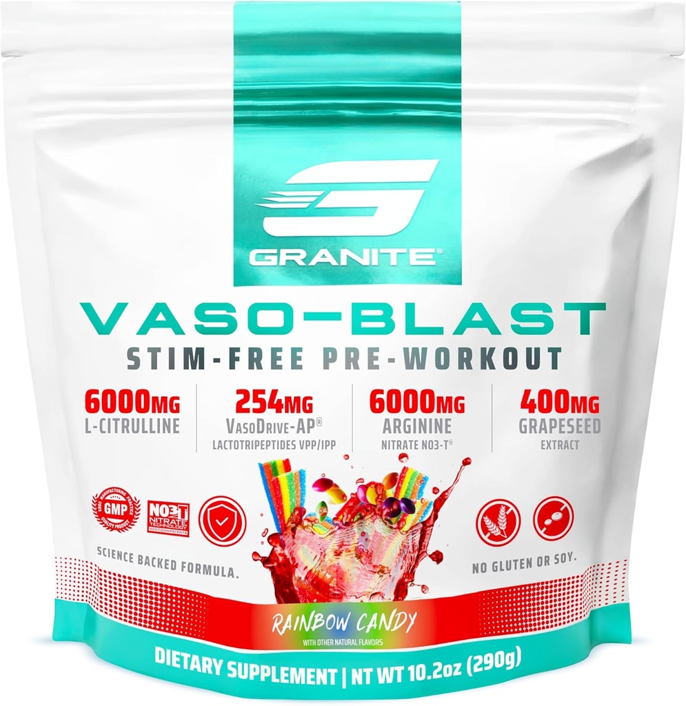 Suplementos de granito Vaso Blast, Rainbow Candy Flavor, Stimulant-Free Pre Workout para Hombres con Extracto de Grapeseed, Arginine Nitrite, " VasoDrive-AP para Max Pump (20 Servings)