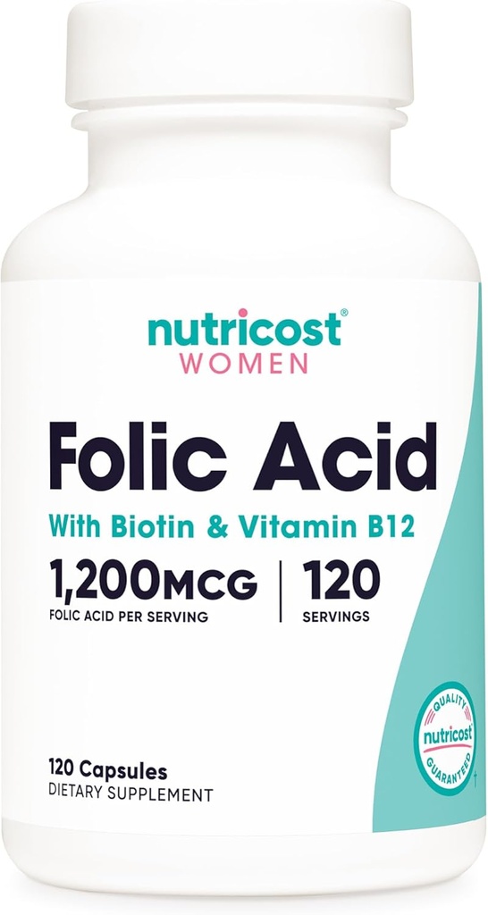 Nutricost Folic Acid for Women (Vitamin B9) 1200 mcg, 120 Capsules, con B12 y Biotin, Veggie Caps, Non-GMO & Gluten Free