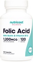 Nutricost Folic Acid for Women (Vitamin B9) 1200 mcg, 120 Capsules, con B12 y Biotin, Veggie Caps, Non-GMO & Gluten Free