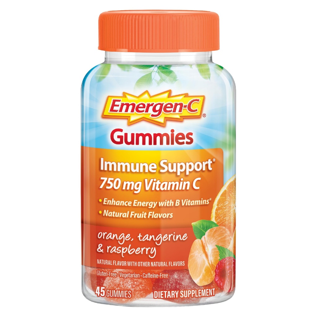 Gluten Free, Orange, Tangerine y Raspberry Flavors - 45 Condes de Emergen-C 750mg Vitamina C Gummies para adultos, Immunity Gummies con vitaminas B