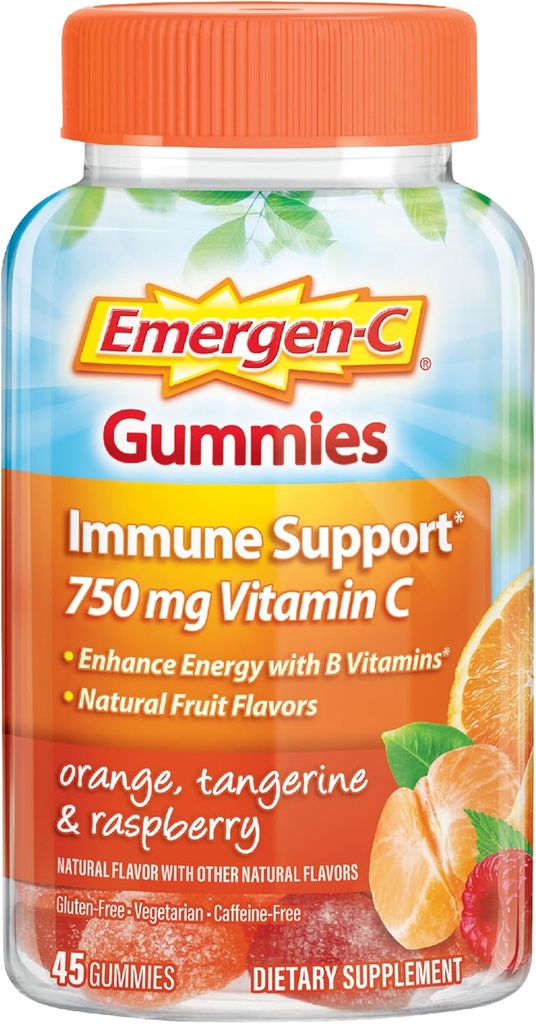 Gluten Free, Orange, Tangerine y Raspberry Flavors - 45 Condes de Emergen-C 750mg Vitamina C Gummies para adultos, Immunity Gummies con vitaminas B