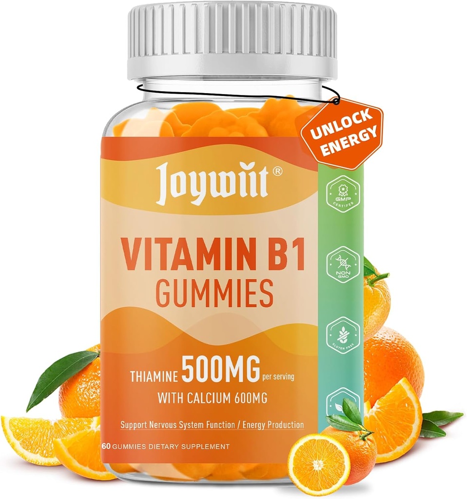 Vitamina B1 Gummies 500mg, Chewable Thiamine B1 Suplemento para Adultos, con 600 mg de Citrato de Calcio, Soporte Nervous System, Vegan, Natural Orange Flavor