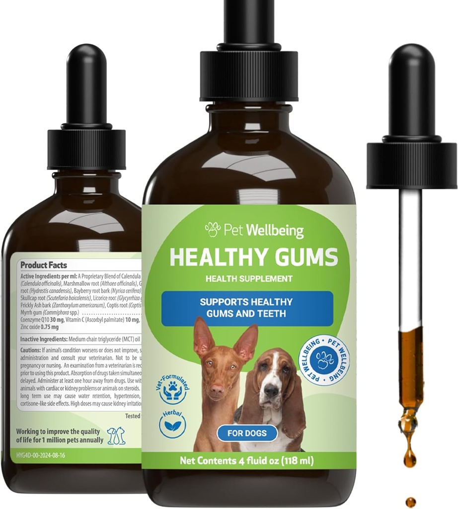Bienestar de mascotas Gums saludables para perros - Gums " Salud dental, Cuidado Oral, Respiración saludable, Coenzima Q10, Oxido de zinc, Calendula, Marshmallow Root - Veterinario-Formulado Holístico Topical 4 oz (118 ml)