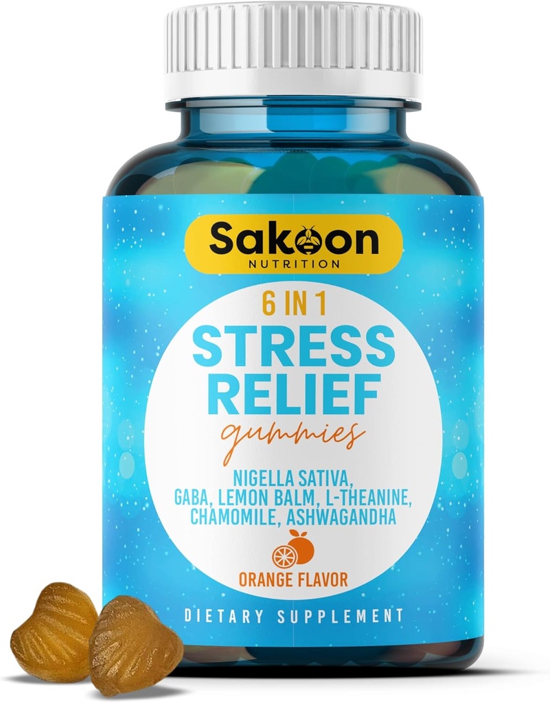 6-in-1 Stress Relief Gummies 60ct - Aids Relaxation with Ashwagandha, GABA, L-theanine, Lemon Balm, Chamomile, Black Cumin Seed Nigella Sativa. Mejora del sueño profundo, apoyo conjunto - 60 gommies