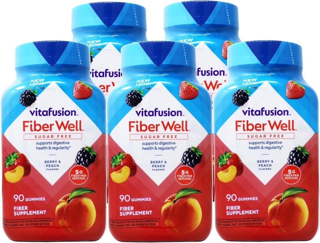 VitaFusion, Fiber Well Gummies, Suplemento de fibra, Sabores surtidos - 90 gummies, Pack de 5