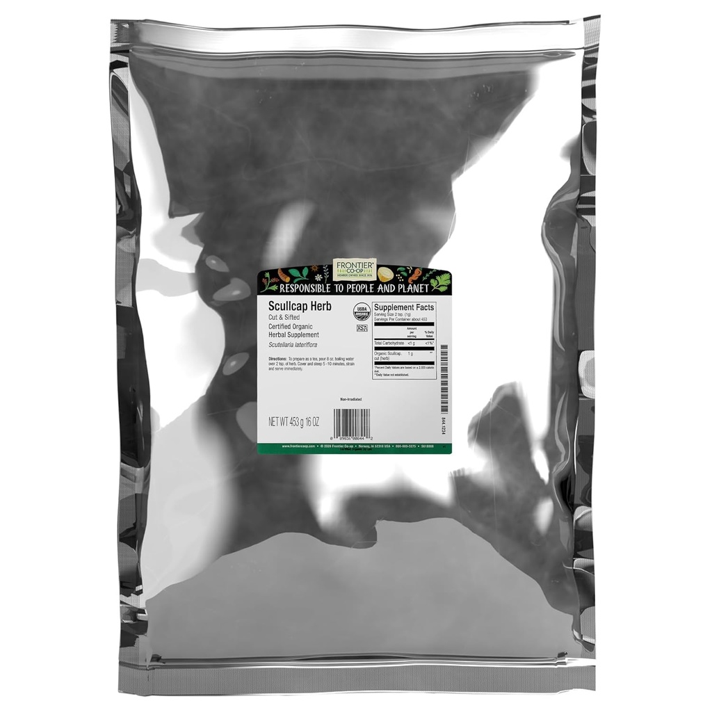 Frontier Co-op Organic Scullcap Herb Cut & Sifted Certified Organic Herbal Supplement 1lb - Skullcap Herb for Tincture, Tea, Supplement