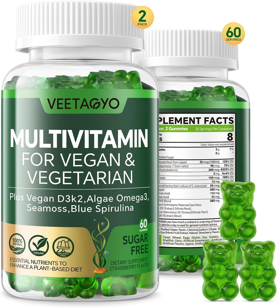 Vitamina D3 + K2-1000IU D3 90mcg K2 - Multivitamínico para Vegetarianos &amp; Adultos w/Algae Omega-3,Iron,Metil B12,Seamoss,Iodina para Bone,Muscle,Energía, Apoyo Inmunitario gratis Azúcar,Gluten-Free,120 Conde