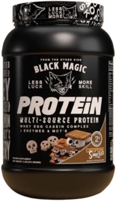 Agrupo de nutrición mundial compatible con pólvora de proteínas de magia negra - Proteína multifunción Whey, Egg &amp; Casein Complex with Enzymes &amp; MCT- 2LB Campfire Smores Flavor with Multi-Purpose Keychain