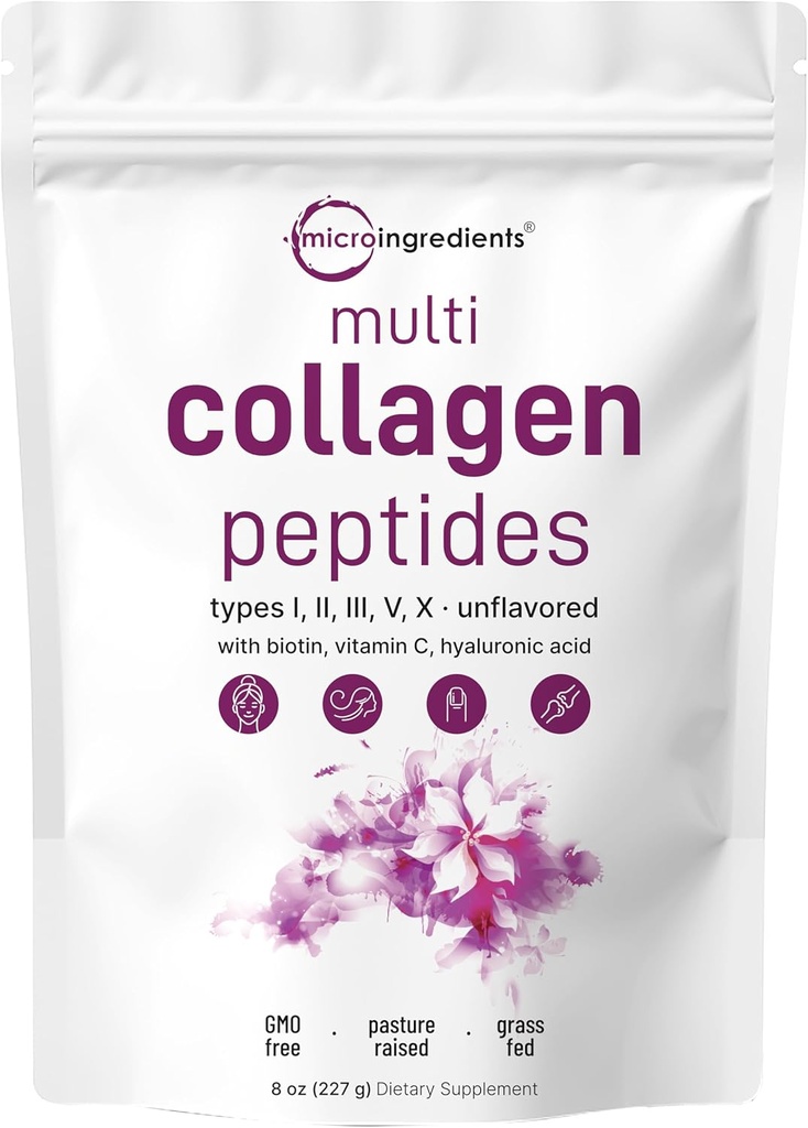 Micro Ingredientes Péptidos multi colágeno Polvo, 8oz tóxico Tipo I, II, III, V, X + Biotina, Vitamina C & Ácido Hialurónico ← Desarrollado Silencioso Apoyo Pelo, Esquía &amp; Salud Conjunta ← Keto, No GMO
