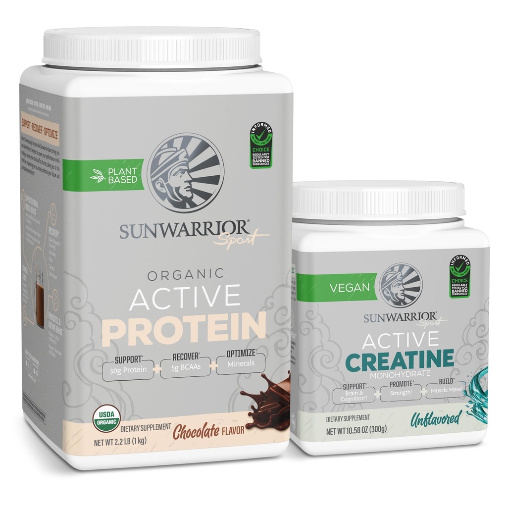 Sunwarrior Creatine Powder &amp; Vainilla Active Organic Protein Powder Set ¦ Bundle &amp; Save ← Vegan Protein Plus Unflavored Creatine Monohydrate (60 Servings Unflavored, 20 Servings Chocolate)