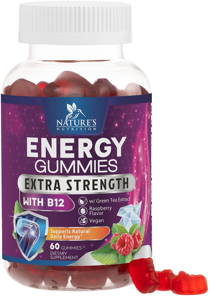 Gummies de energía 1000mcg - con vitamina B12, Green Tea Natural Caffeine Support, Daily Energy Gummies - Delicious Berry Flavor B12 Chewable Ejercicio Suplemento para el Ciclismo de Correr &amp; Deportes - 60 Chews