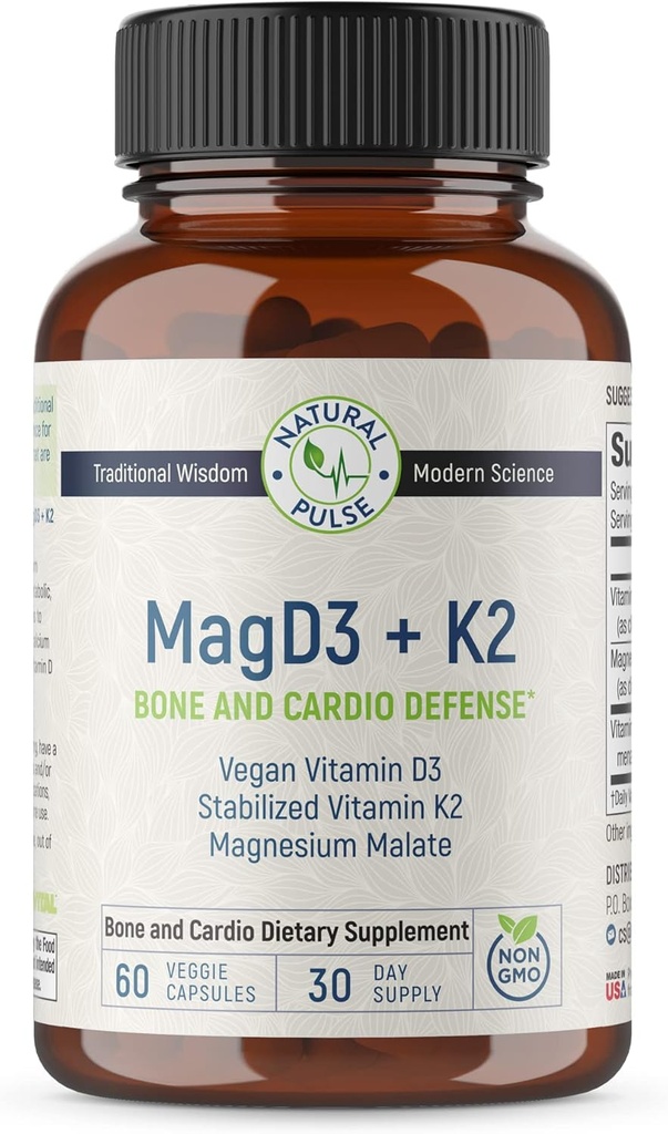 Magnesium Malate + Vegan Vitamina D3 + Estabilizada Vitamina K2, Suplemento de Apoyo Completo para Energía Celular, Cardiovascular, Immune y Metabólica Salud & Bone Strength, 90 Veggie Caps