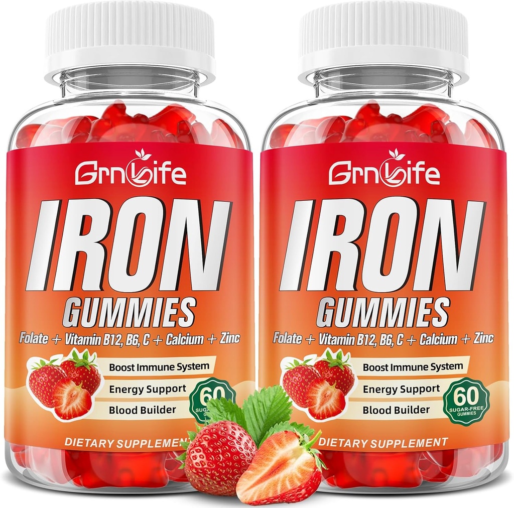 Gummies de hierro para mujeres, hombres y niños, suplemento de hierro sin azúcar con calcio, zinc, folato " Vitamin B12, C, B6 - para el edificio de sangre " Apoyo energético, anemia, fresa, 120 Condes
