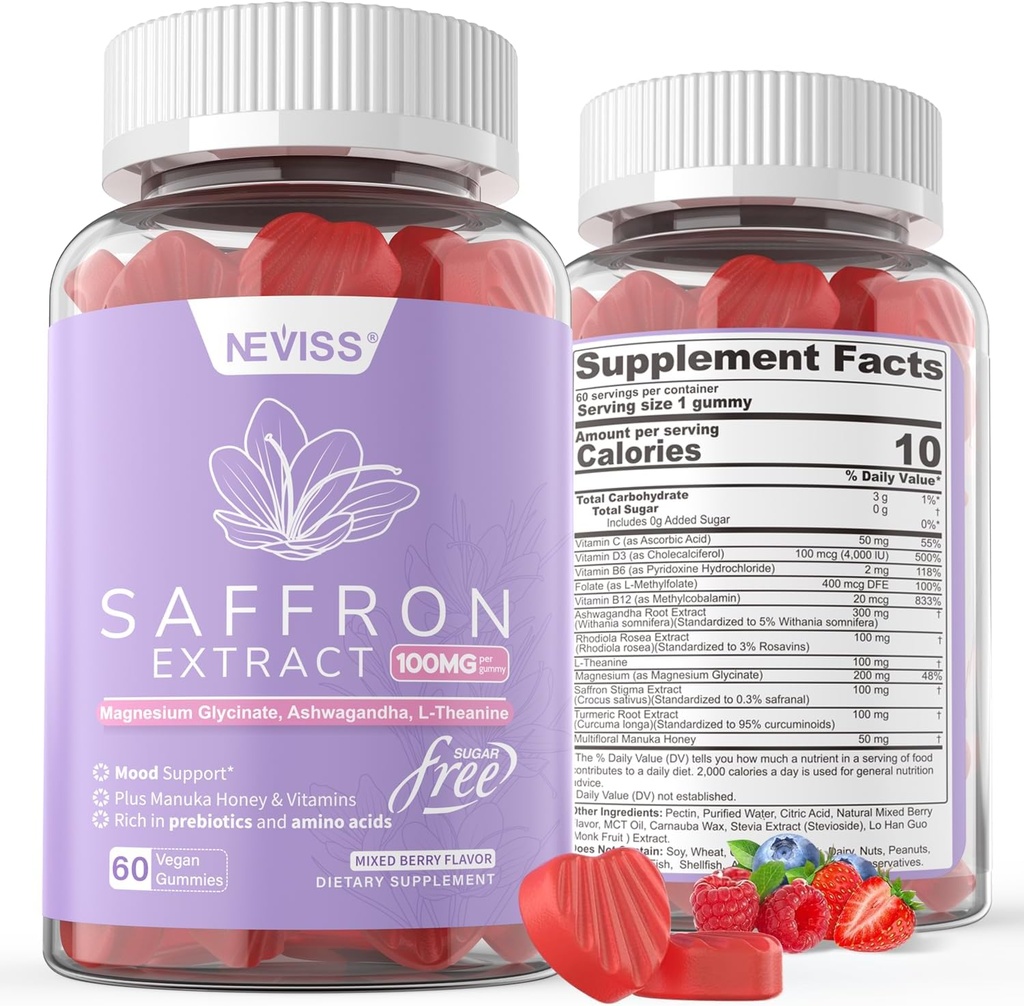 Saffron Supplements Gummies 100mg - 100% Puro Saffron Extract Con Magnesium Glycinate, L-Theanine, Turmeric, Ashwagandha, Honey & Vitamin B Complex for Mood & Power, Antioxidant, Vitality - 120 Condes