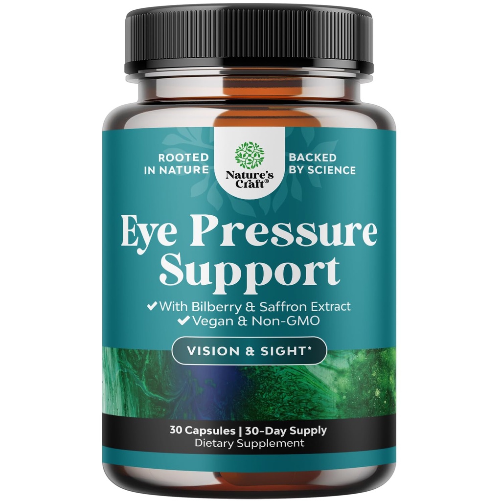 Soporte de presión de ojos con extracto de arándano - Suplemento de salud de ojos veganos para adultos para alivio de presión ocular con niacina de azafrán y más vitaminas soporte de visión (1 mes de suministro)