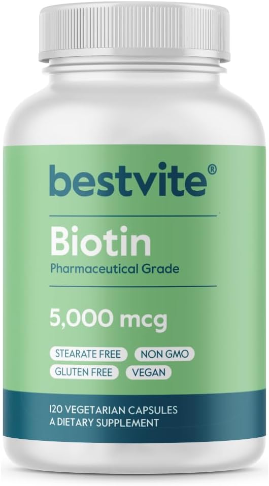 BESTVITE Biotin 5000mcg (120 cápsulas vegetarianas) - No Stearates - No agentes de flujo - Vegan - No GMO - Gluten Gratis - Pelo, Esquí, uñas