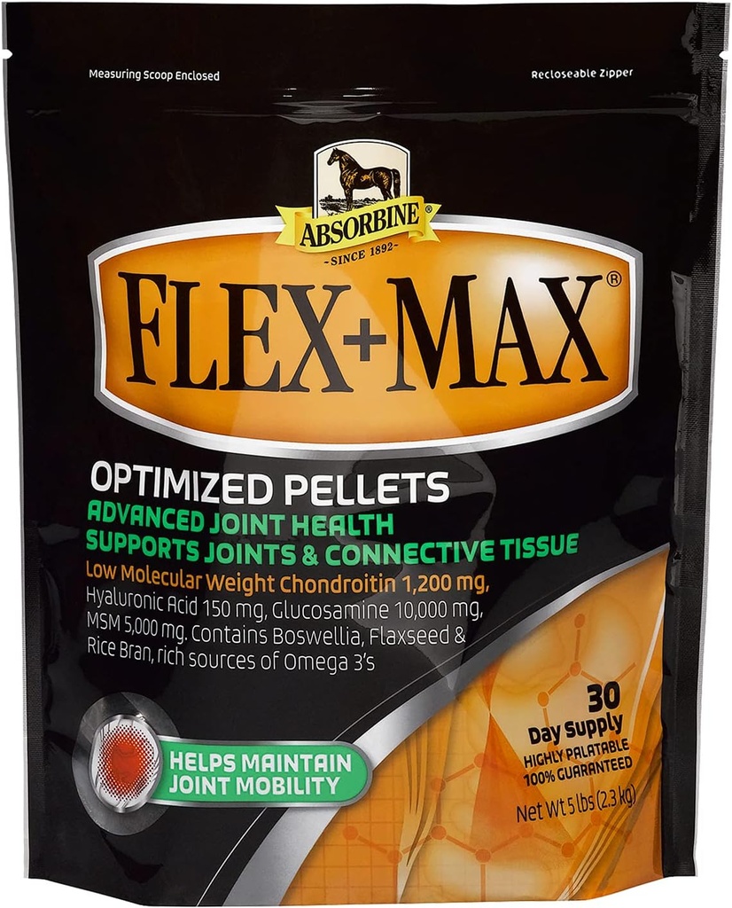 Absorbina Flex+Max Horse Joint Supplement Pellets, Highly Palatable, Full Equine Formula with Glucosamine, MSM, Condroitin &amp; Flaxseed, 5lb Bag / 30 Day Supply