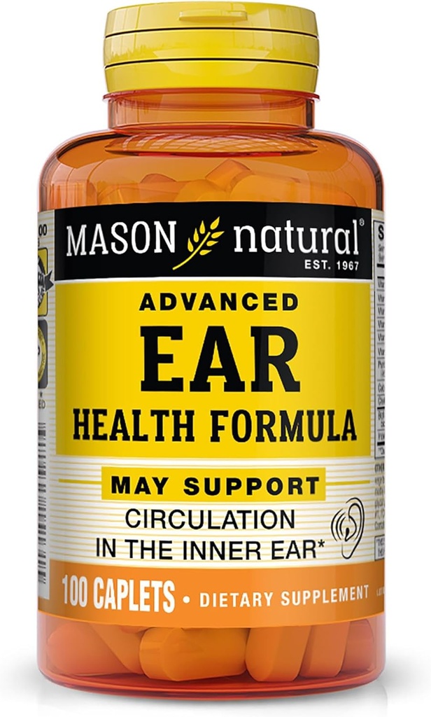 MASON NATURAL Advanced Ear Health, 33 Day Supply, Supports Normal Circulation in The Inner Ear &amp; Ring, 100 Caplets