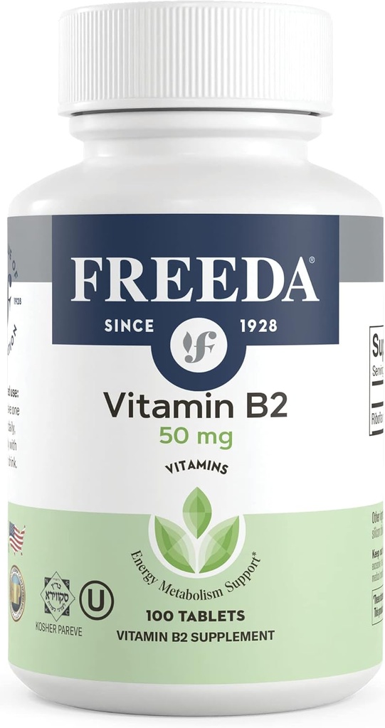 Freeda Vitamina B2 Riboflavin 50mg – Energy & Nervous System Support – Kosher, Vegan, Gluten-Free B2 Supplement for Brain & Metabolism – (100 Ct)