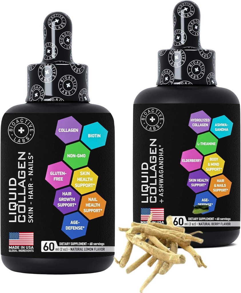 Collagen líquido con colágeno de biotina y líquido con ashwagandha colágeno mejorado para el crecimiento del cabello, flujo de piel, uñas