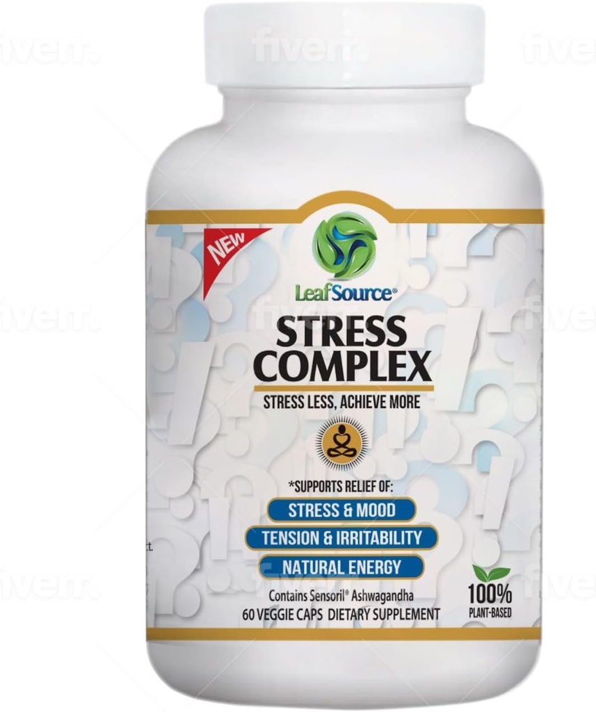 LEAFSOURCE Stress Complex – Natural Stress Relief & Energy Boost - Advanced Ashwagandha Sensirol® - Reduce Irritability, Enhances Focus, Calm & Sleep - Fatigue Fighting - 60 cápsulas