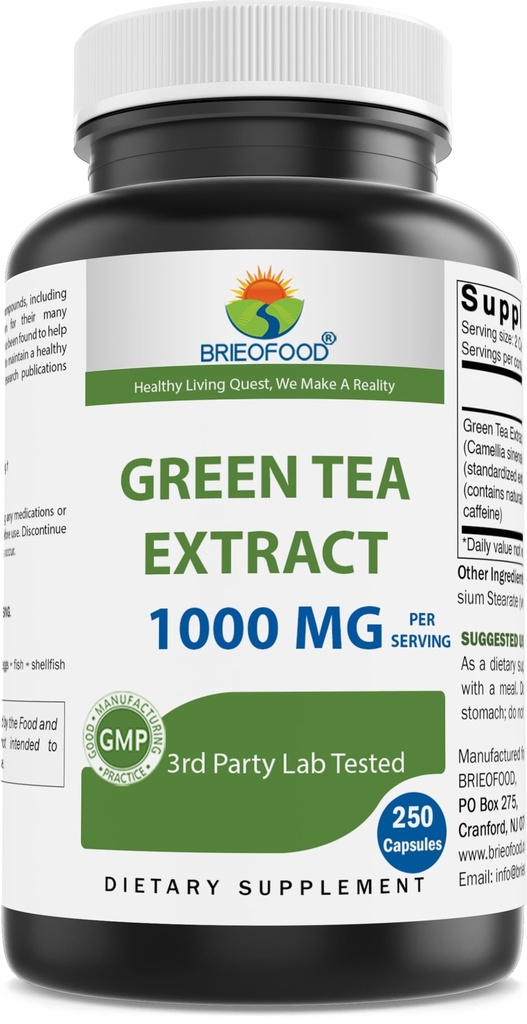 Brieofood Green Tea Extract 1000 mg per Serving (Min 50% Polyphenols) - 250 Capsules - 3rd Party Lab Tested for Purity & Quality