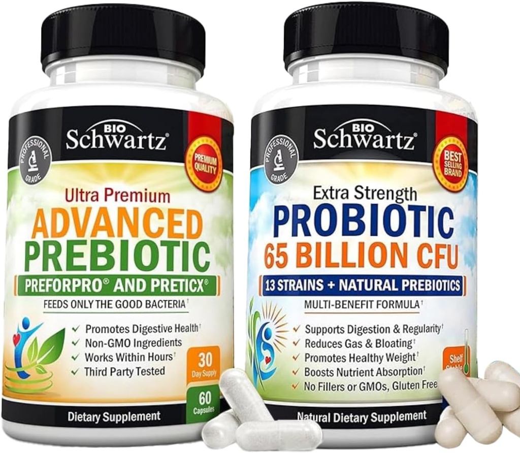 65 Billion CFU Daily Probiotic Supplement (1 Month Supply) Plus Advanced Prebiotic Gut Health Supplement (1 Month Supply)