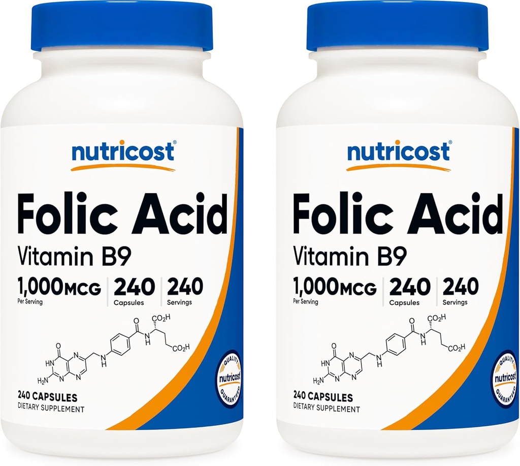 Nutricost Folic Acid (Vitamin B9) 1000 mcg, 240 cápsulas (2 botellas)