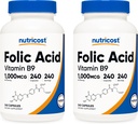 Nutricost Folic Acid (Vitamin B9) 1000 mcg, 240 cápsulas (2 botellas)