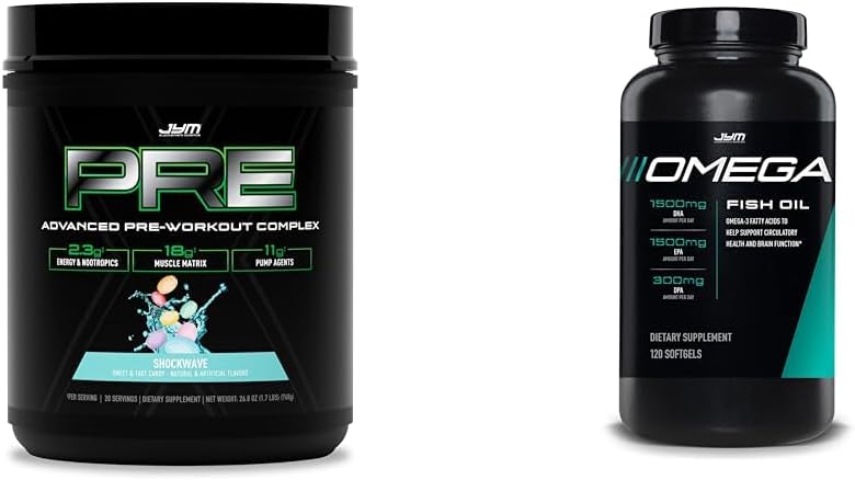 PRE JYM X - Shockwave Preworkout and Omega JYM Fish Oil 2800mg DHA EPA DPA Brain Heart Joint Support 120 Softgels