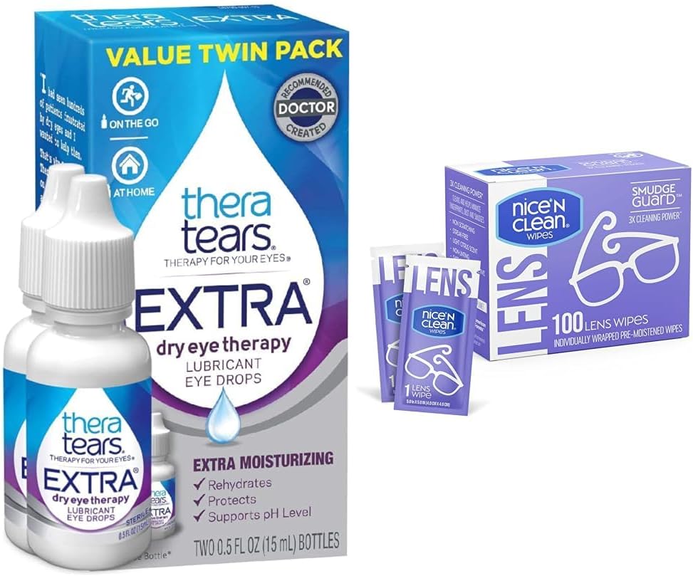 TheraTears Extra Dry Eye Drops, 2 Count &amp; Nice 'n Clean 100 SmudgeGuard Lens Wipes Bundle