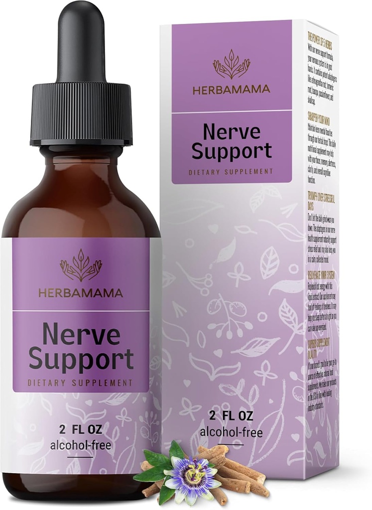 HERBAMAMA Nerve Support Supplement - Vegan Nerve Support Formula with Ashwagandha & Bacopa Monnieri for Brain - Non-GMO, Alcohol " Sugar-Free Daily Calming Drops for Adults, 28-Day Supply