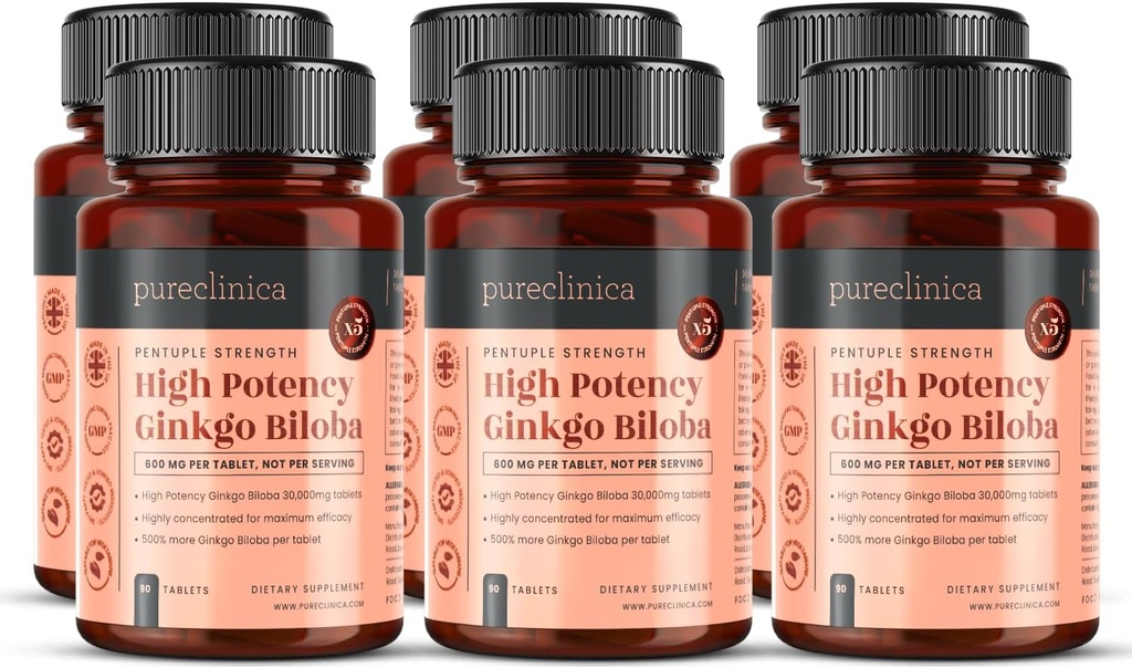 pureclinica High Potency Ginkgo Biloba 30,000mg x 540 Tablets (6 Botellas de 90) - 18 Meses Supply - 5 veces La fuerza de los productos del competidor