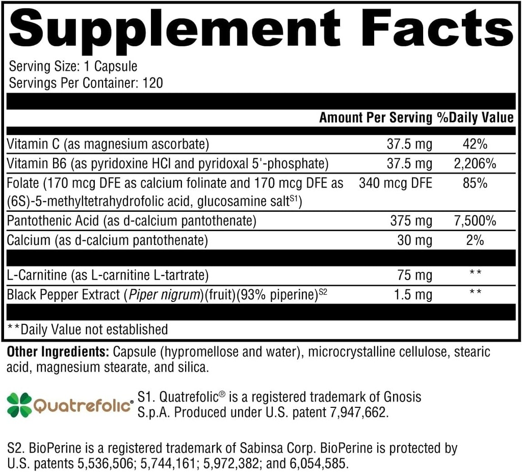 XYMOGEN Corticare B - Cortisol Adrenal Support Suplementos con vitamina C, L Carnitina &amp; Bioavailable Quatrefolic Folate Suplemento - Apoyo Energía saludable &amp; Coenzyme A Production (120 cápsulas)