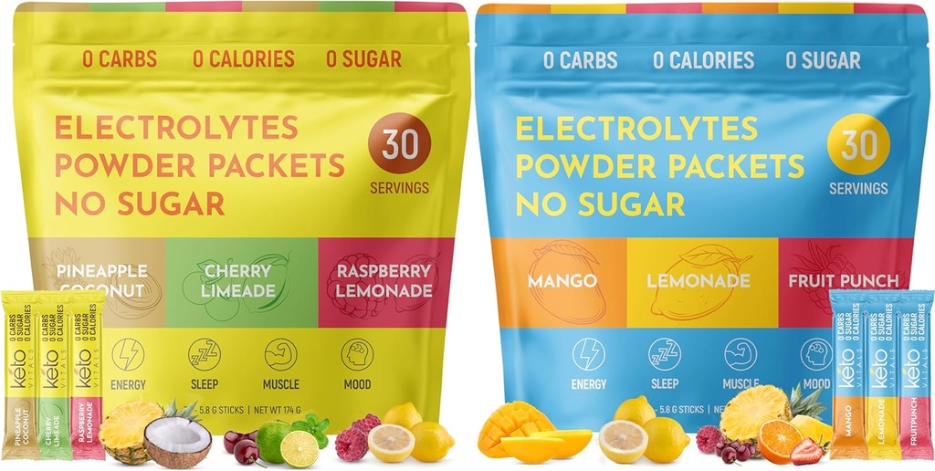 Keto Vitals Tropical & Original Assorted 2 Pack Bundle Electrolyte Powder Bundle - Variety Pack of Tropical and Original Flavors ← Sugar Free, Zero Calorie, Zero Carb ← Easy Travel Stick Packs ← Ket