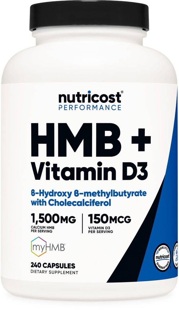 Nutricost HMB (1500mg) y Vitamina D3 (6000 UI) Suplemento - 240 cápsulas, 80 piezas - Gluten Free and Non-GMO