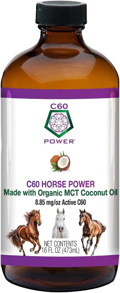 C60 Horse Power - C60 in Organic MCT Coconut Oil, Natural Wellness Support for Horses, 99.99% Puro Carbon Fullerenes, Promotes Healthy Aging, Energy, &amp; Mobility - 16 fl oz Bottle