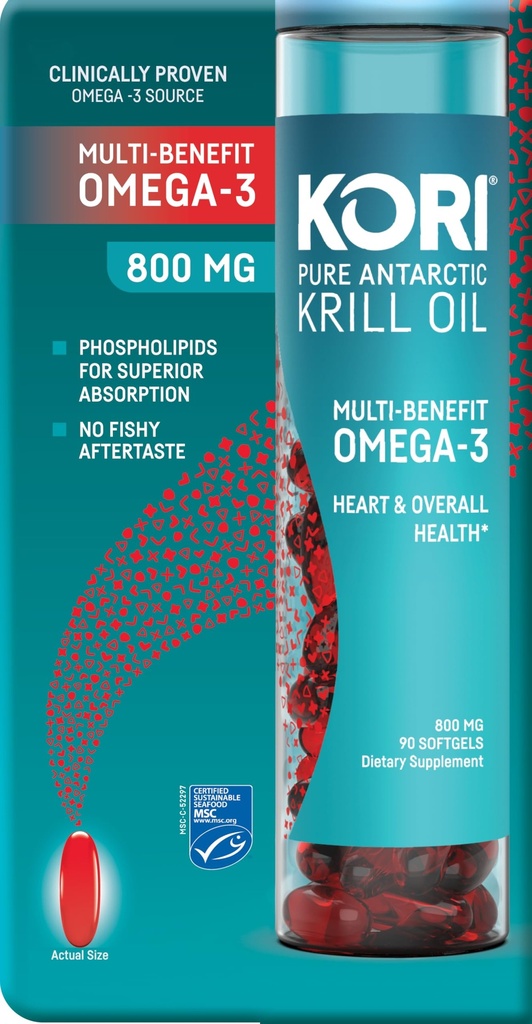 Kori Krill Antarctic Krill Oil Omega 3 Supplement, EPA & DHA, Superior Absorption vs Fish-Oil, 800 mg, 90 softgels
