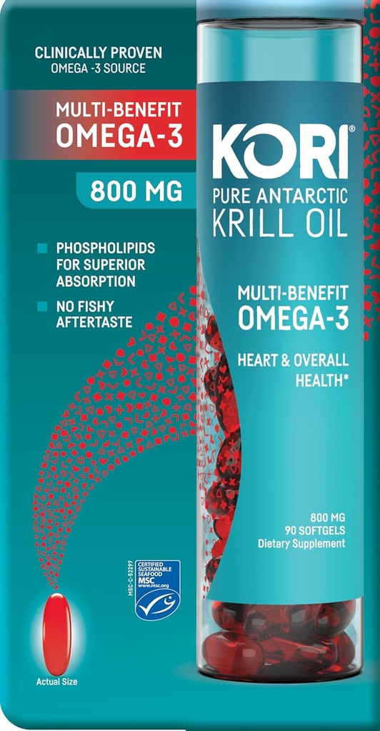 Kori Krill Antarctic Krill Oil Omega 3 Supplement, EPA & DHA, with Superior Absorption vs. Fish Oil, 800 mg, 90 softgels