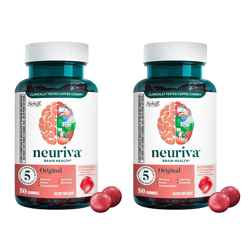NEURIVA Original Brain Supplement for Memory, Focus " Concentration + Learning " Accuracy with Clinically Tested Nootropics Phosphatidylserine and Neurofactor, Strawberry Flavor, 50 Gummies (2 Pack)