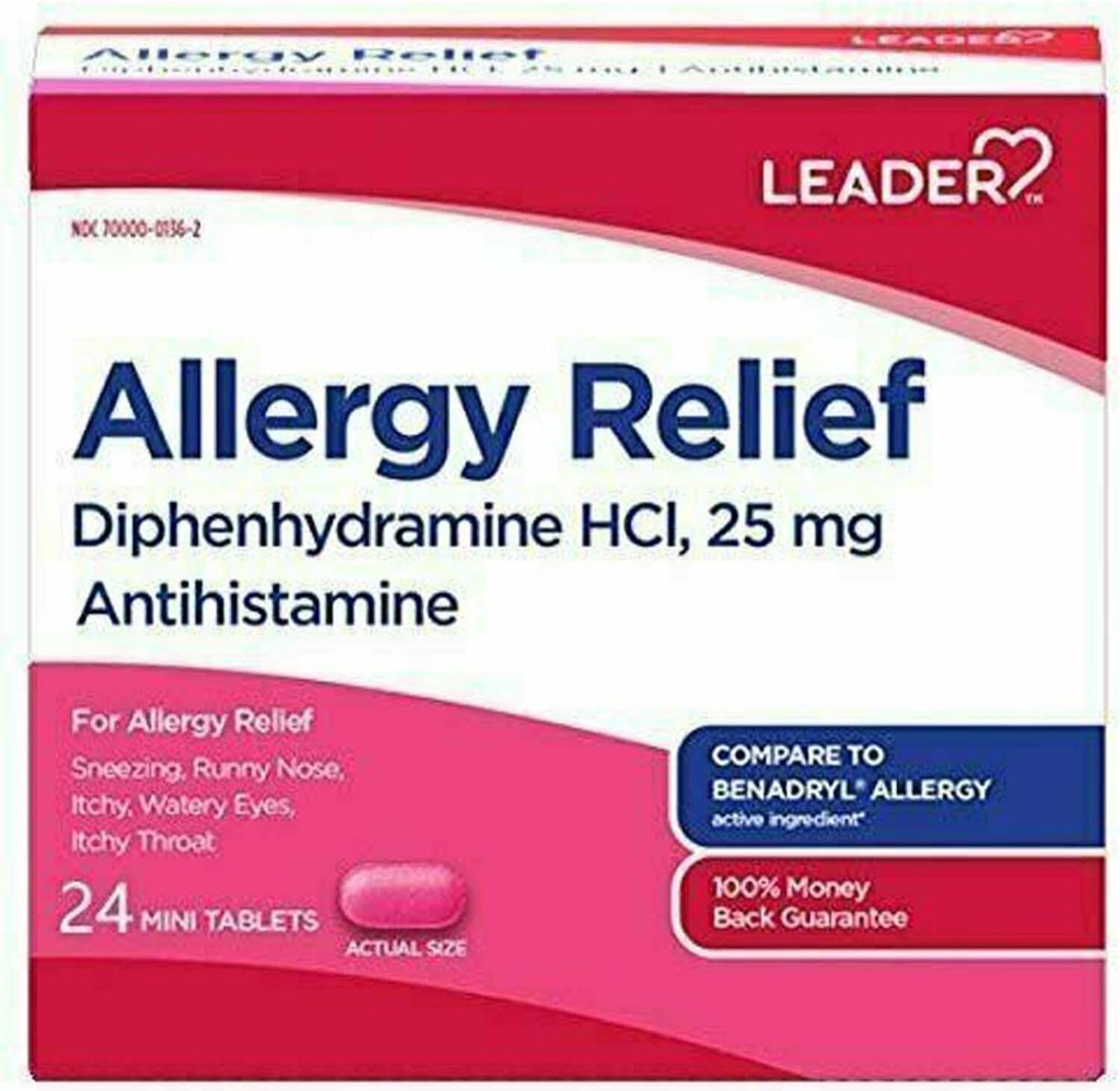 Líder antihistamínico Alivio de la Alergia Diphenhydramine HCl, 25 mg Mini Tabletas, 24 Conde