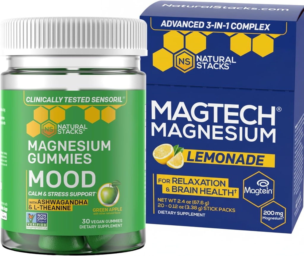 NATURAL STACKS Magtech Magnesium Drink Mix + Mood Magnesium Gummies Bundle - 4 Forms of Magnesium - Brain Health, Relax &amp; Stress Support* - 35 Serviciones