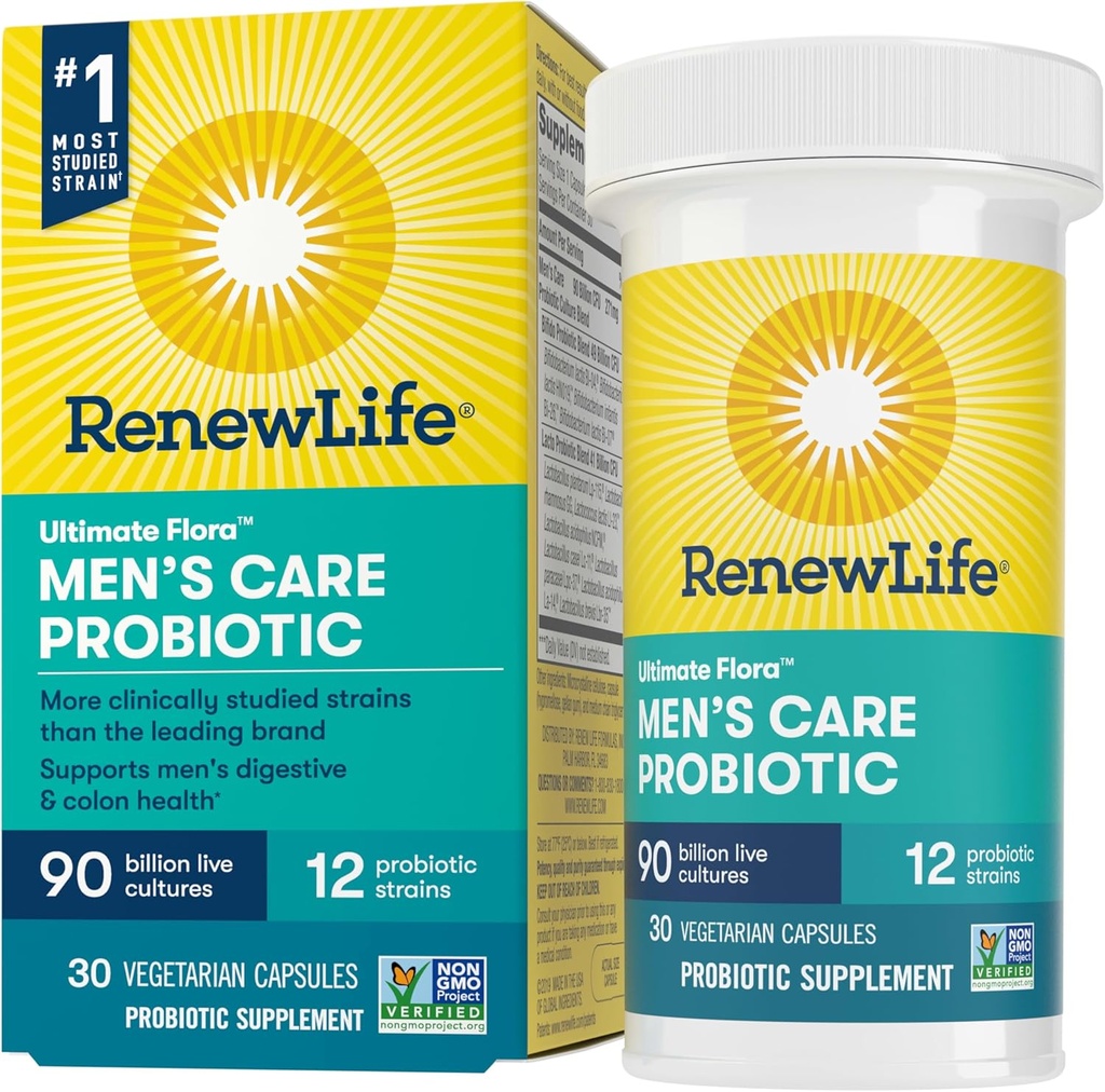 Renovar el cuidado de los hombres Probiótico Capsules, apoya a los hombres Digestivo, Colon, Immune y Salud Respiratoria, L. Rhamnosus GG, Dairy, Soy y sin gluten, 90 Billion CFU, 30 Conde