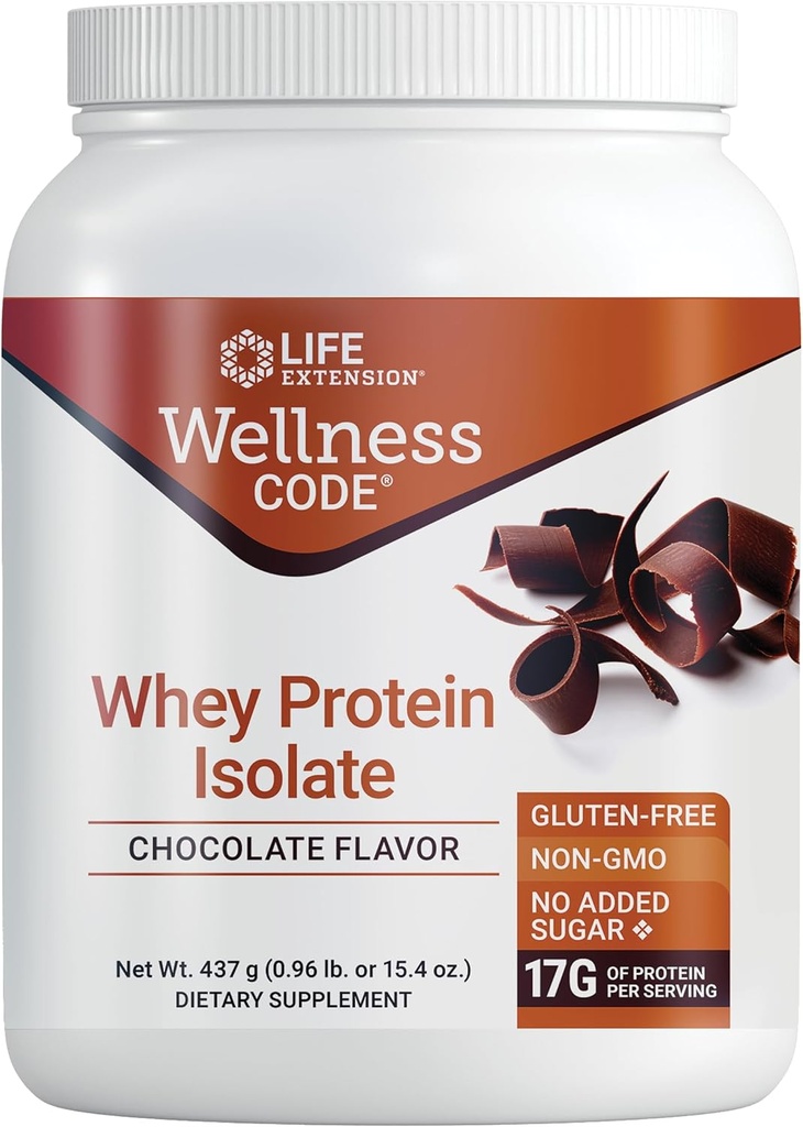 Ampliación de vida Wellness Code® Whey Protein Isolate (Chocolate), Proteína y Aminoácidos ramificados para el crecimiento muscular &amp; Salud inmune, sin azúcar añadido, sin gluten, no GMO, 437 gramos, 20 servientes