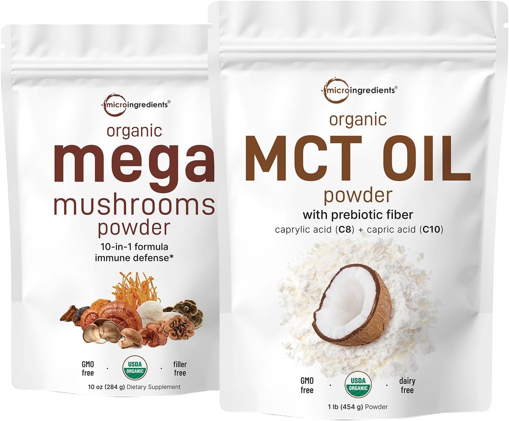 Micro Ingredientes Ecológico Mega Mushroom Polvo 10oz & Orgánica MCT Petróleo Polvo 1lb Bundle 2 Pack ← 10 en 1 Complejo de Mushroom Aceite, Cremadora de Plantas