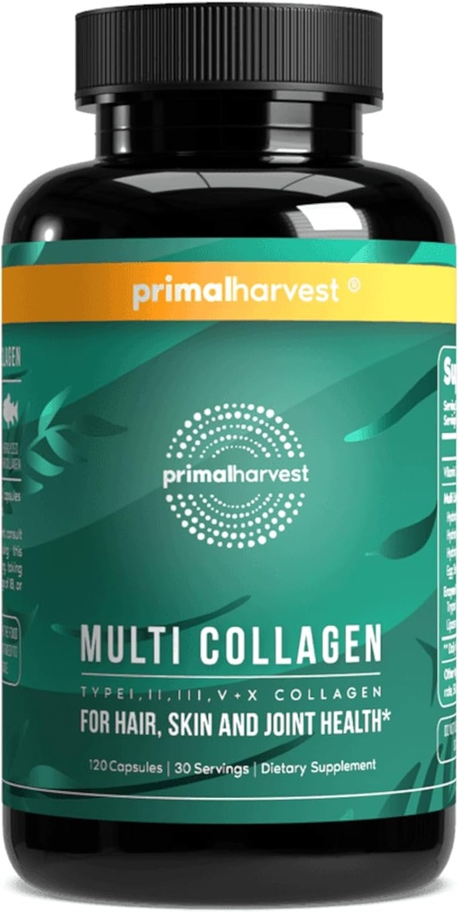 Píldoras multi colágeno para hombres y mujeres (Tipo I, II, III, V, X) 120 Cápsulas w/Vitamin C para el cabello, la piel, las uñas